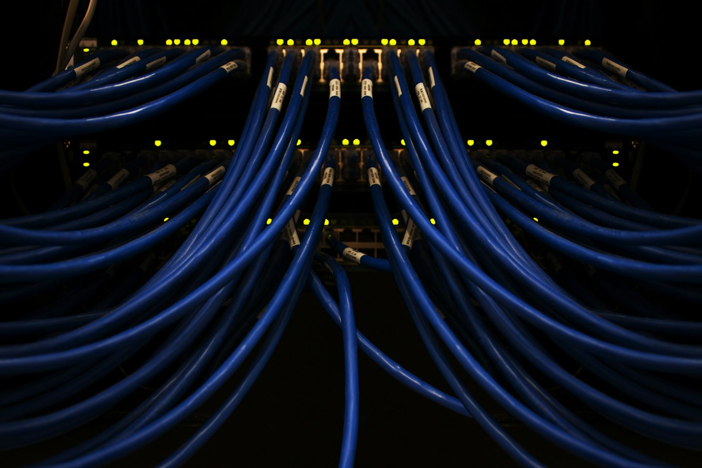 Blue network cables plugged into server ports with yellow lights.